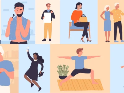 Illustrationen von Menschen beim Arbeiten, Lesen, Yoga, Spazieren, Skateboarden, Einkaufen