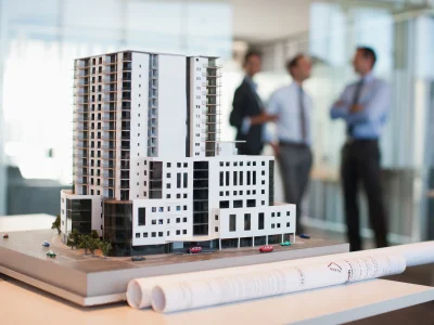 Modell eines Bürogebäudes mit zusammengerollten Plänen davor